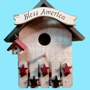 Wood Bird House God Bless America Patriotic Americana Red White Blue USA